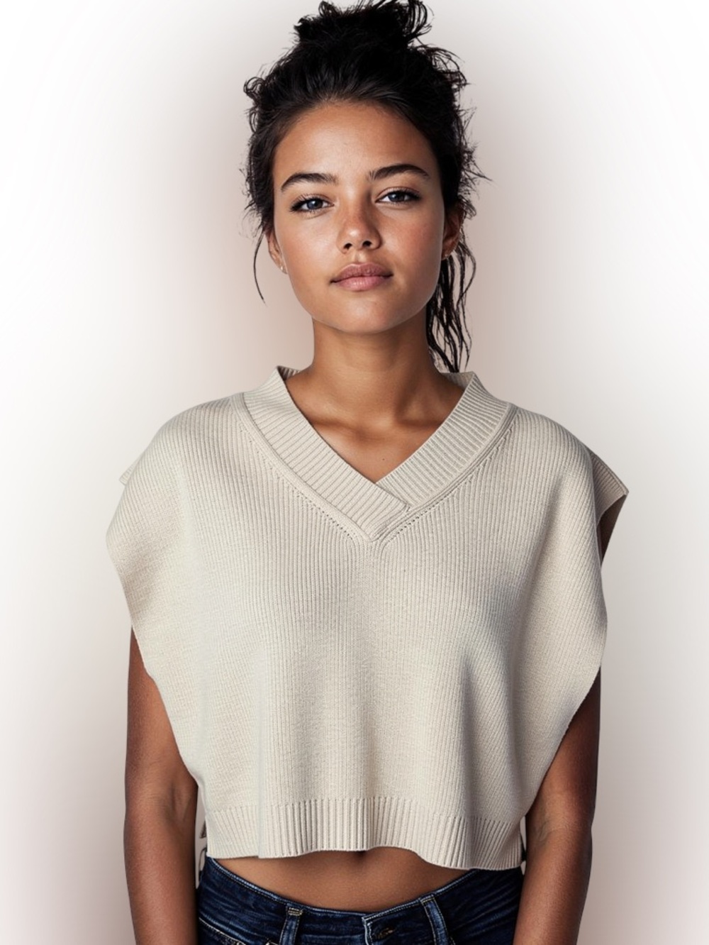 Free People Cream Oversized Sweater Vest V Neck Chunky Knit Boho L